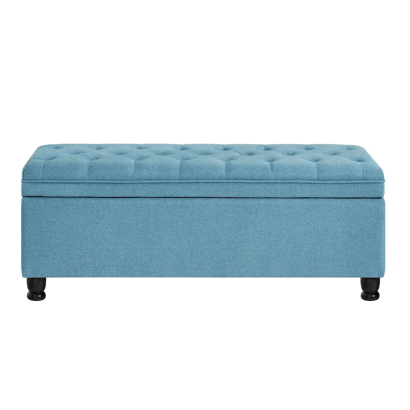 Banc de rangement capitonné en tissu de lin avec pieds fuselés en bois