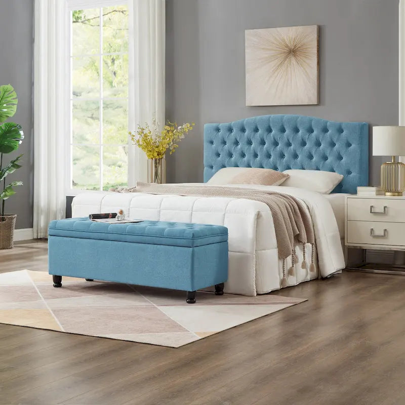 Banc de rangement capitonné en tissu de lin avec pieds fuselés en bois