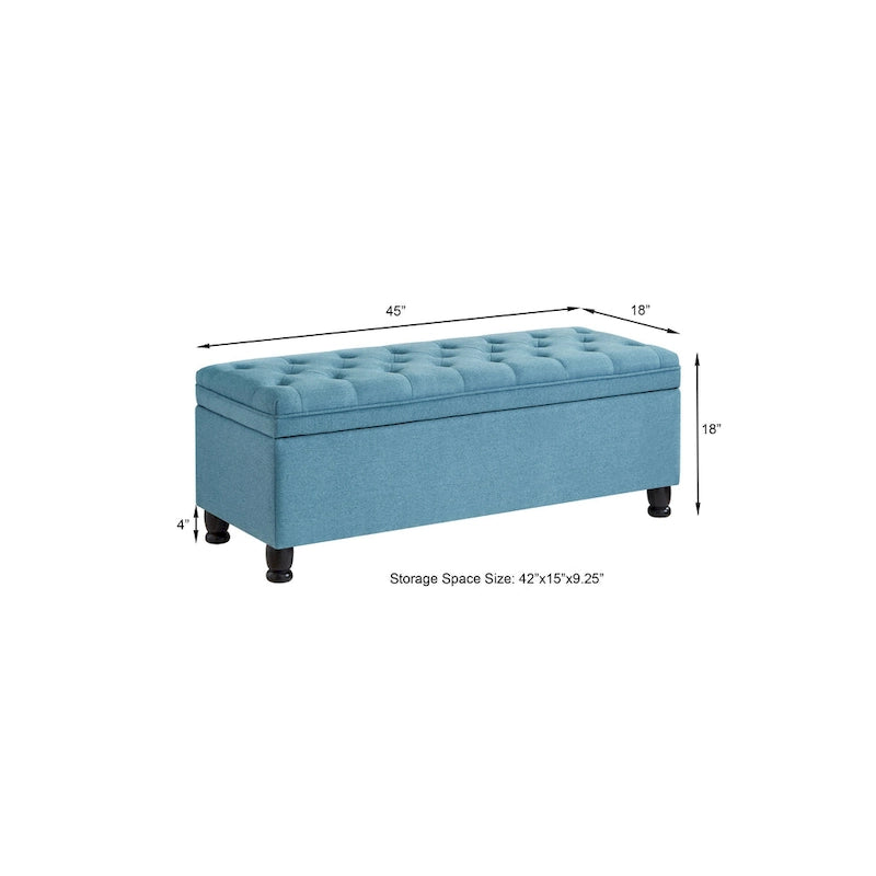 Banc de rangement capitonné en tissu de lin avec pieds fuselés en bois