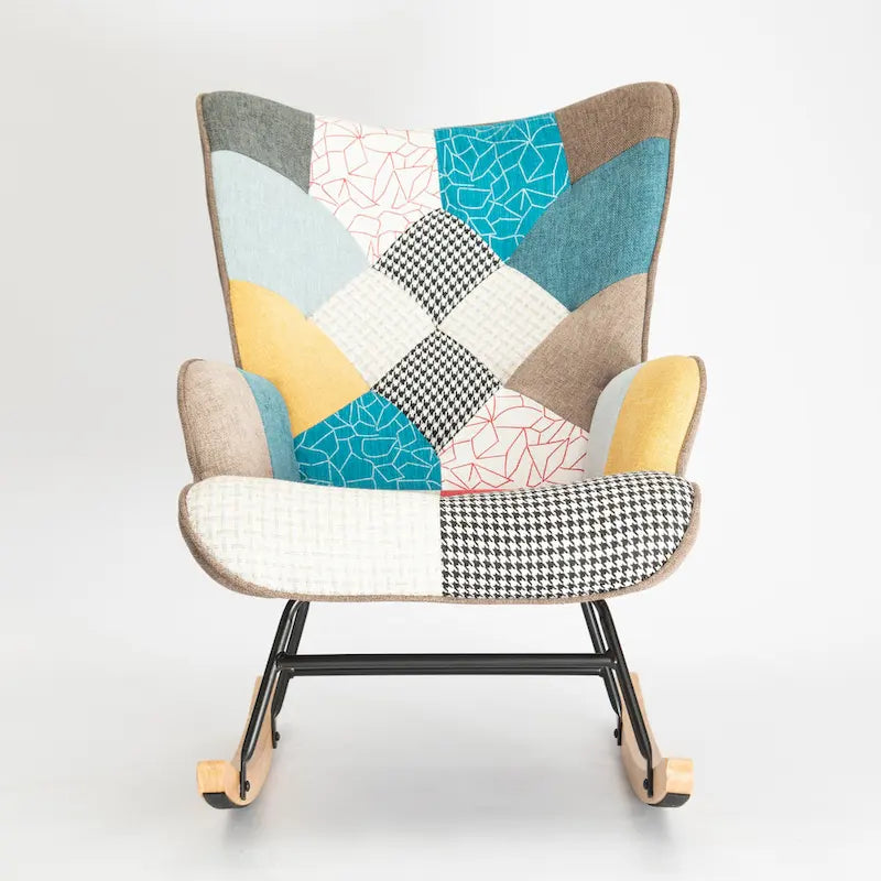 Fauteuil à bascule en tissu Mid-Century avec pieds en bois et lin patchwork