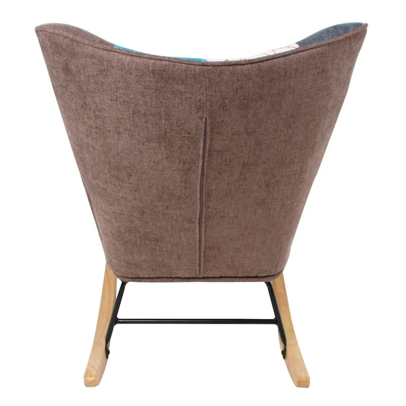 Fauteuil à bascule en tissu Mid-Century avec pieds en bois et lin patchwork