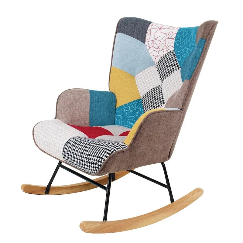 Fauteuil à bascule en tissu Mid-Century avec pieds en bois et lin patchwork