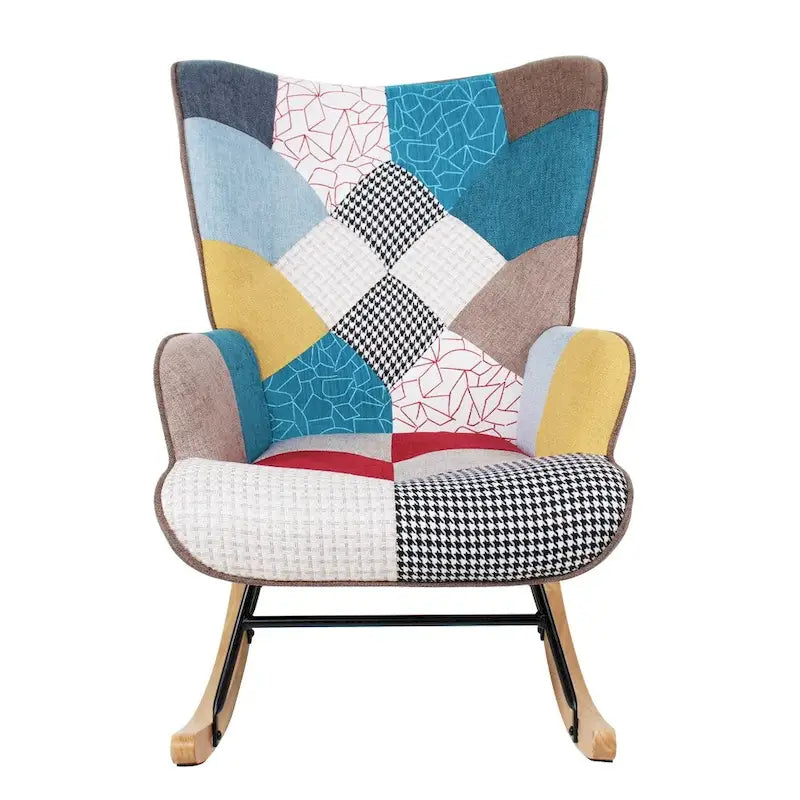 Fauteuil à bascule en tissu Mid-Century avec pieds en bois et lin patchwork