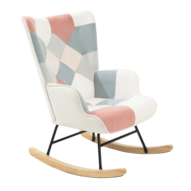 Fauteuil à bascule en tissu Mid-Century avec pieds en bois et lin patchwork