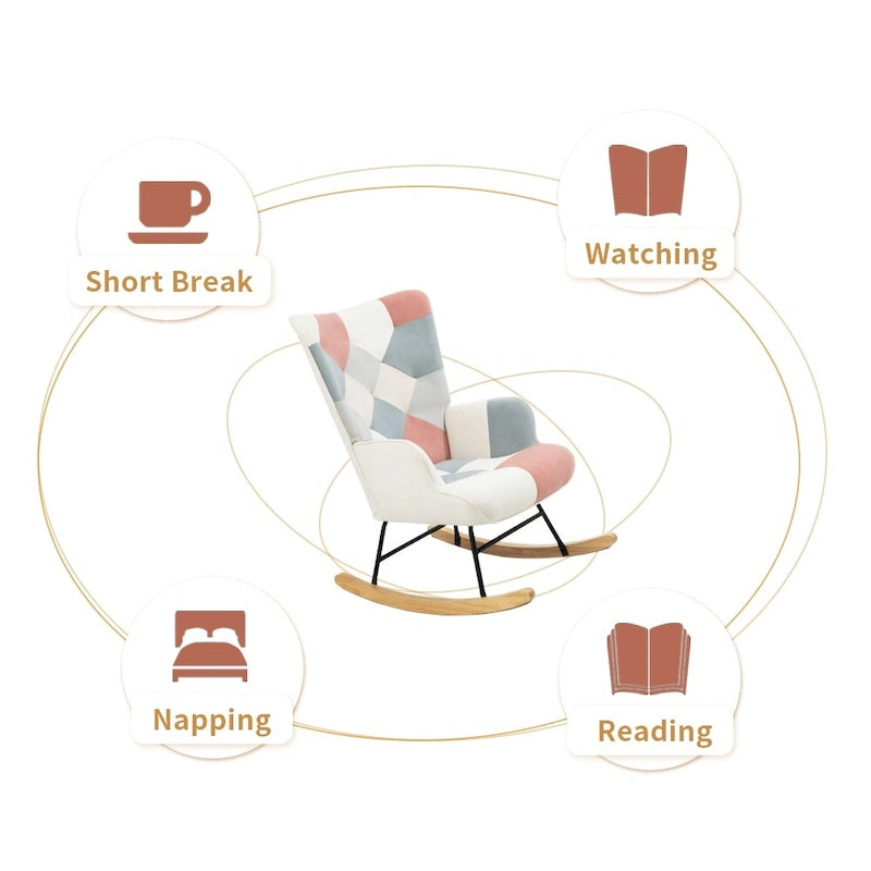 Fauteuil à bascule en tissu Mid-Century avec pieds en bois et lin patchwork