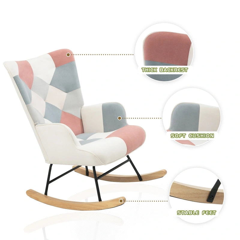 Fauteuil à bascule en tissu Mid-Century avec pieds en bois et lin patchwork