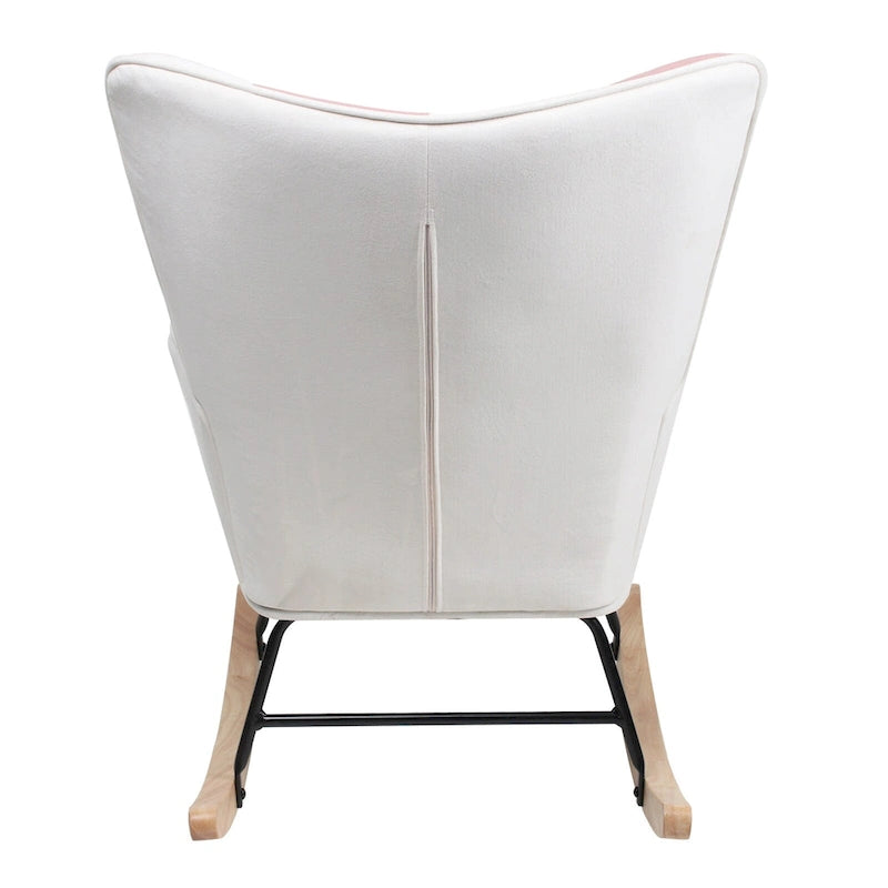 Fauteuil à bascule en tissu Mid-Century avec pieds en bois et lin patchwork
