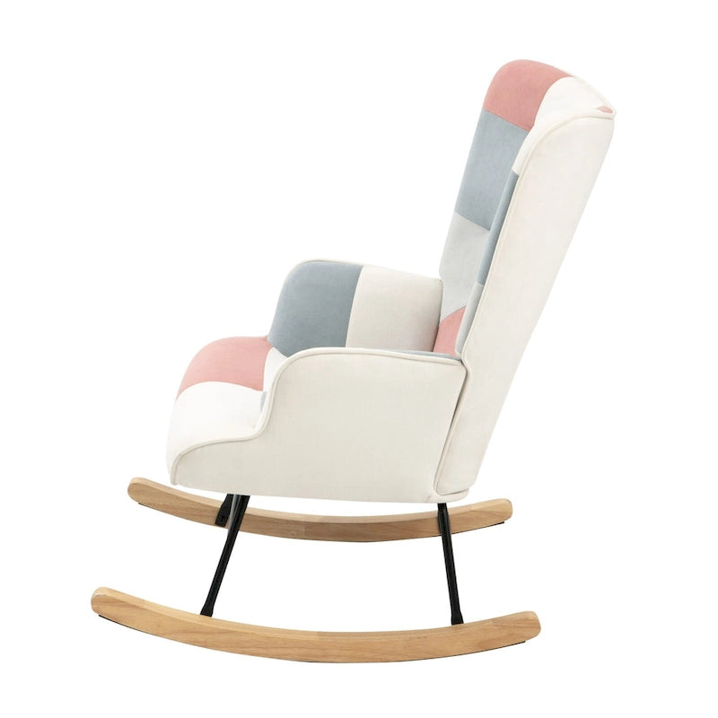 Fauteuil à bascule en tissu Mid-Century avec pieds en bois et lin patchwork