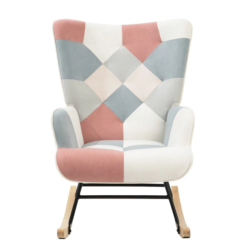 Fauteuil à bascule en tissu Mid-Century avec pieds en bois et lin patchwork