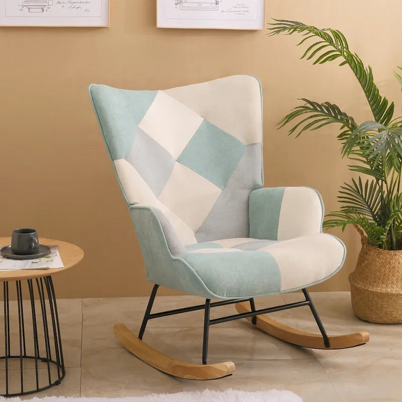 Fauteuil à bascule en tissu Mid-Century avec pieds en bois et lin patchwork