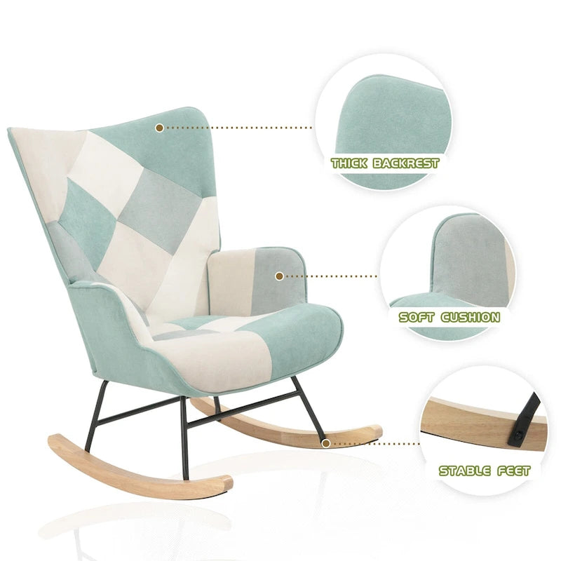 Fauteuil à bascule en tissu Mid-Century avec pieds en bois et lin patchwork