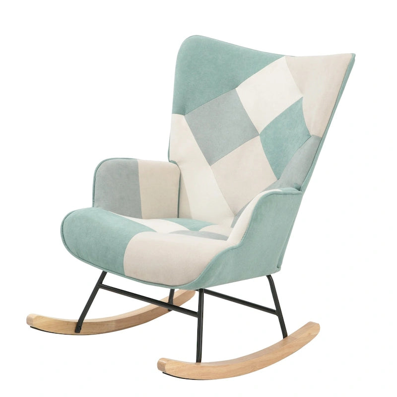 Fauteuil à bascule en tissu Mid-Century avec pieds en bois et lin patchwork