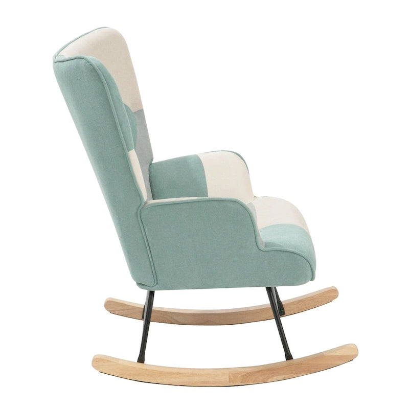 Fauteuil à bascule en tissu Mid-Century avec pieds en bois et lin patchwork