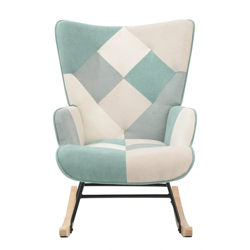 Fauteuil à bascule en tissu Mid-Century avec pieds en bois et lin patchwork