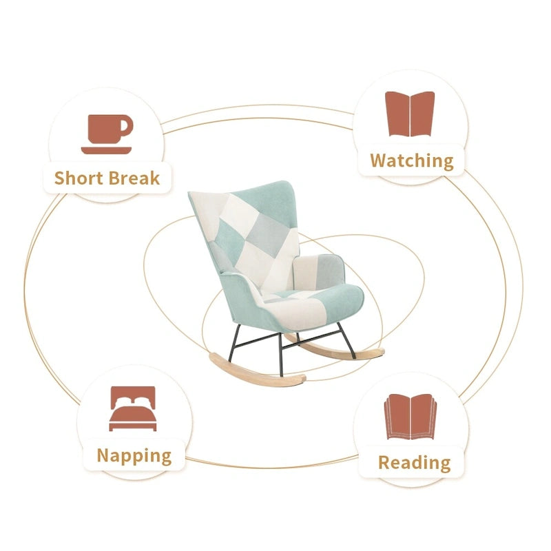 Fauteuil à bascule en tissu Mid-Century avec pieds en bois et lin patchwork
