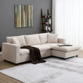 Canapé en tissu polyester en forme de L avec 2 coussins offerts et pouf convertible