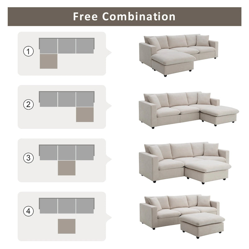 Canapé en tissu polyester en forme de L avec 2 coussins offerts et pouf convertible