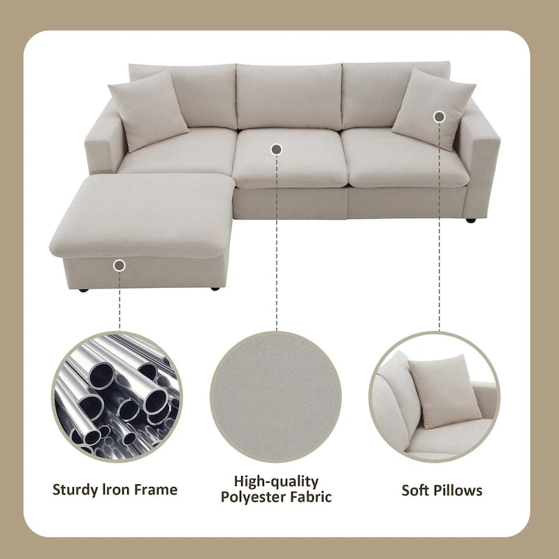Canapé en tissu polyester en forme de L avec 2 coussins offerts et pouf convertible