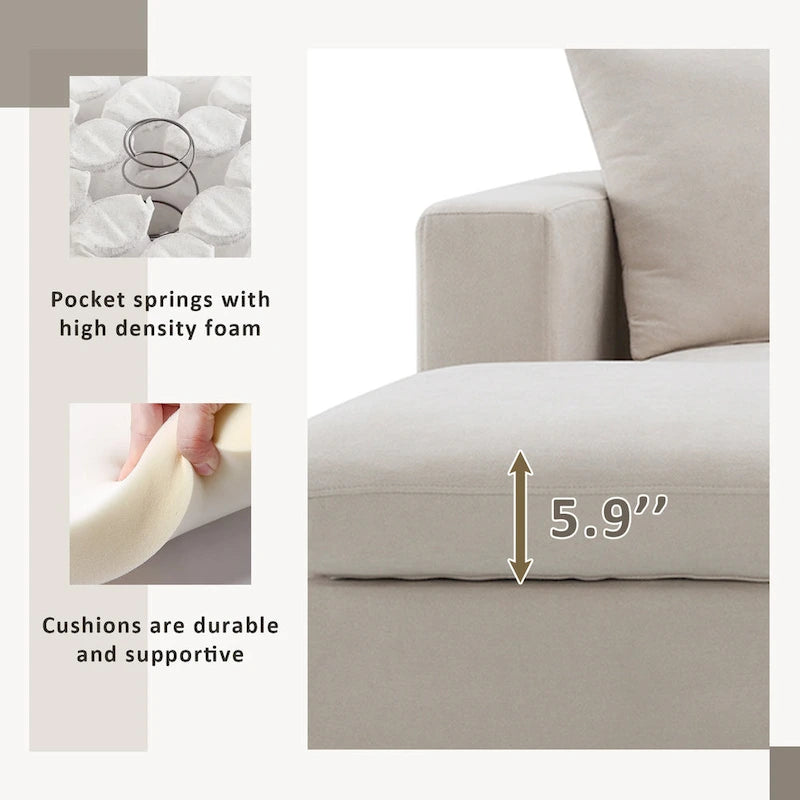 Canapé en tissu polyester en forme de L avec 2 coussins offerts et pouf convertible