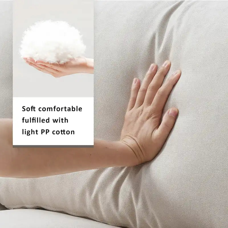 Canapé en tissu polyester en forme de L avec 2 coussins offerts et pouf convertible