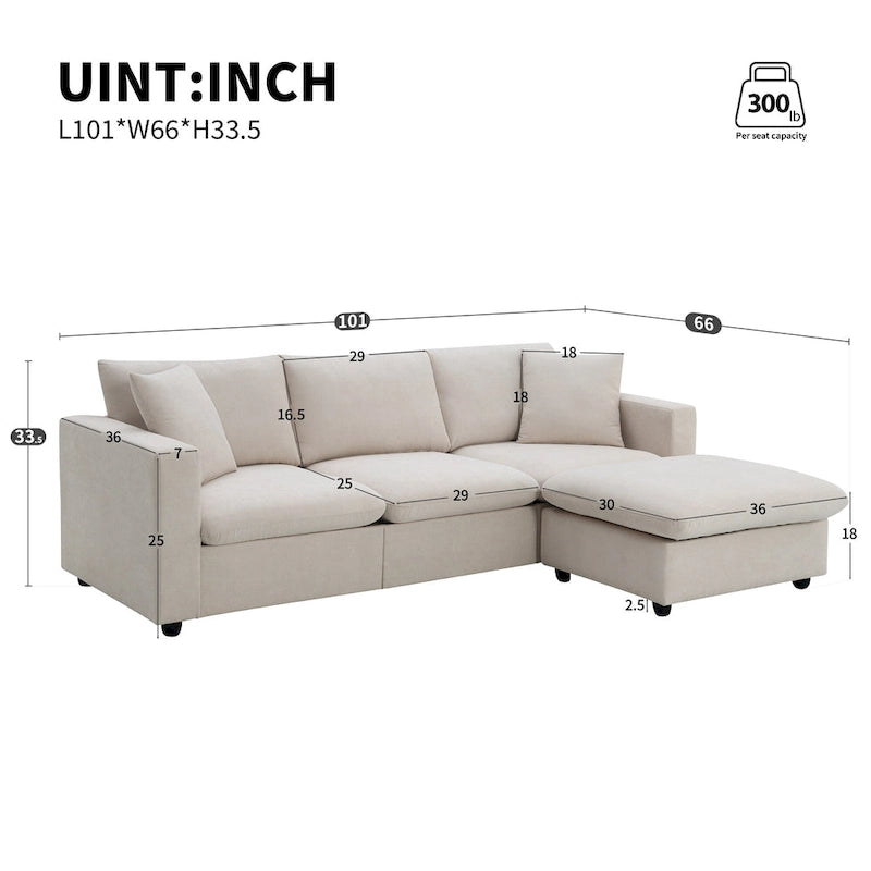 Canapé en tissu polyester en forme de L avec 2 coussins offerts et pouf convertible