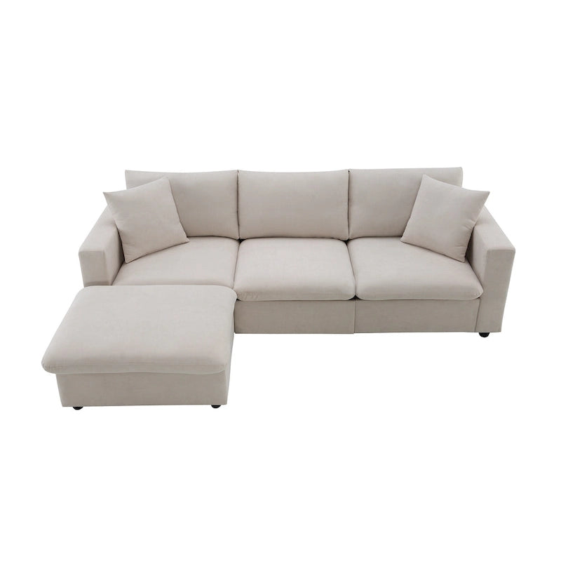 Canapé en tissu polyester en forme de L avec 2 coussins offerts et pouf convertible
