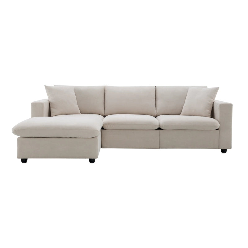 Canapé en tissu polyester en forme de L avec 2 coussins offerts et pouf convertible