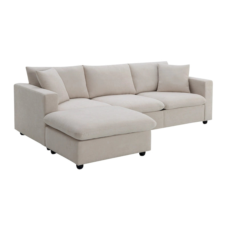 Canapé en tissu polyester en forme de L avec 2 coussins offerts et pouf convertible