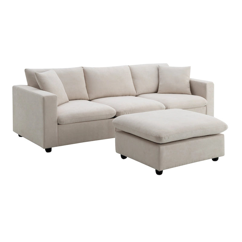 Canapé en tissu polyester en forme de L avec 2 coussins offerts et pouf convertible