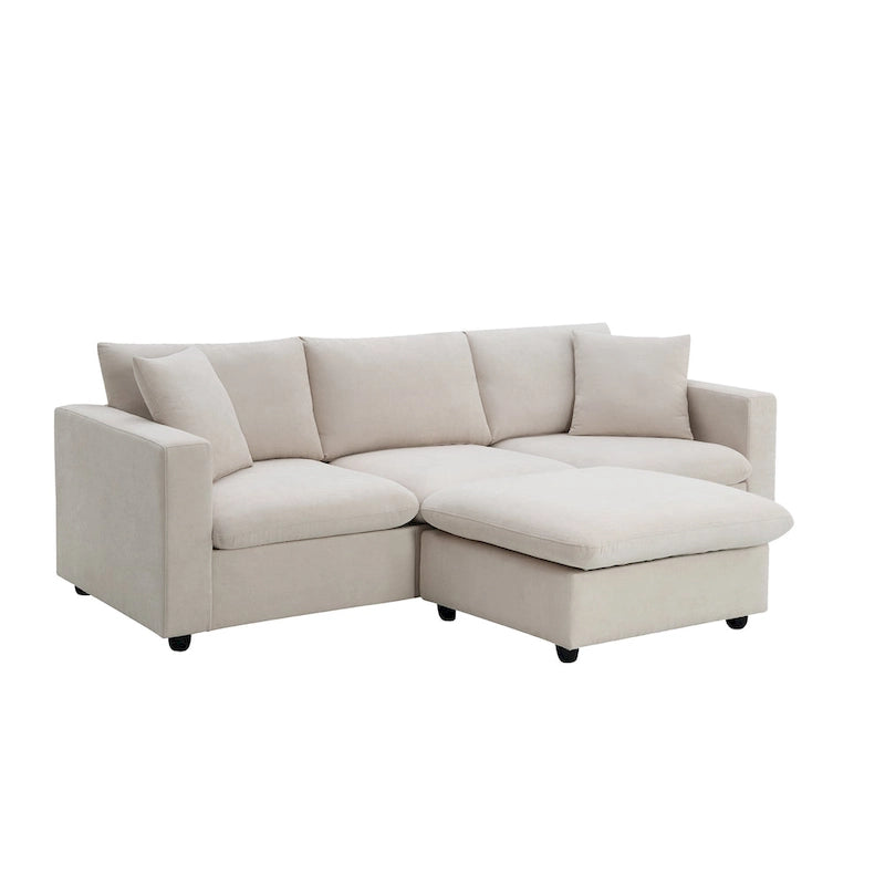 Canapé en tissu polyester en forme de L avec 2 coussins offerts et pouf convertible