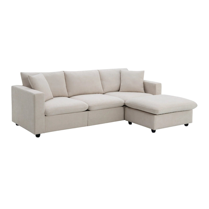 Canapé en tissu polyester en forme de L avec 2 coussins offerts et pouf convertible
