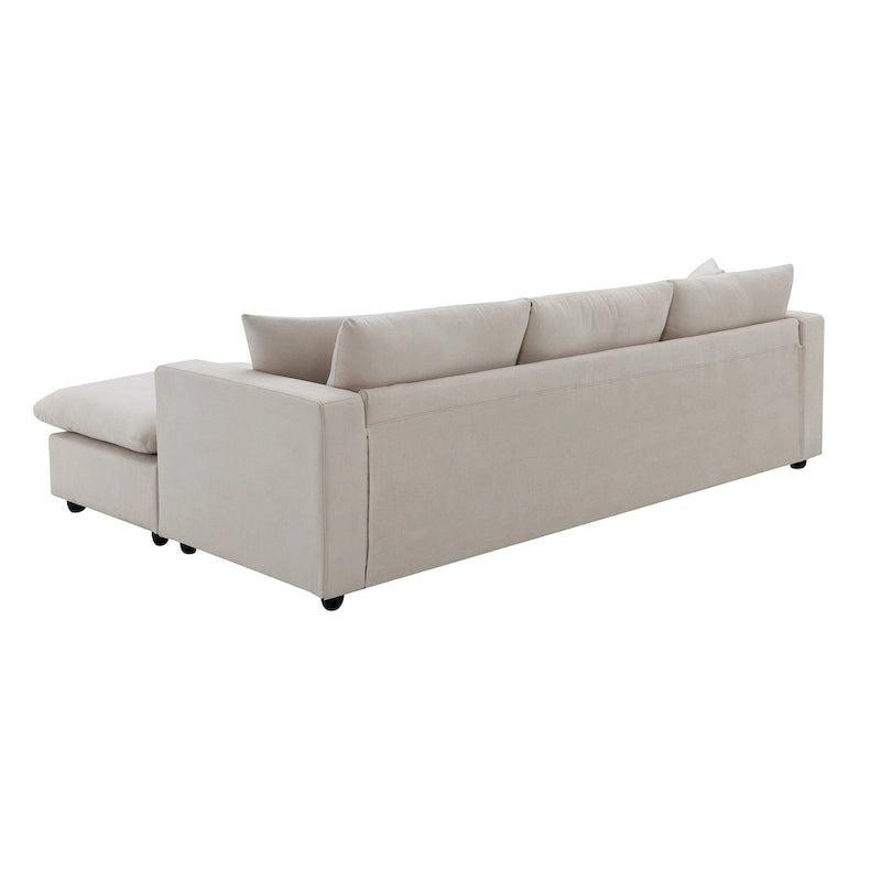 Canapé en tissu polyester en forme de L avec 2 coussins offerts et pouf convertible