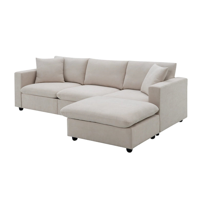 Canapé en tissu polyester en forme de L avec 2 coussins offerts et pouf convertible