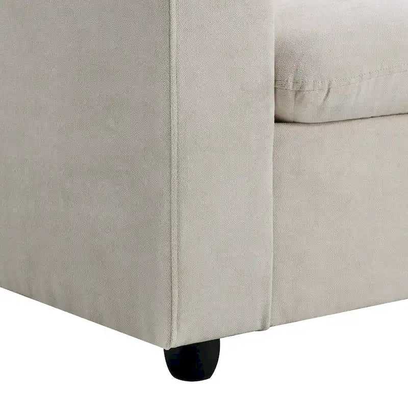 Canapé en tissu polyester en forme de L avec 2 coussins offerts et pouf convertible