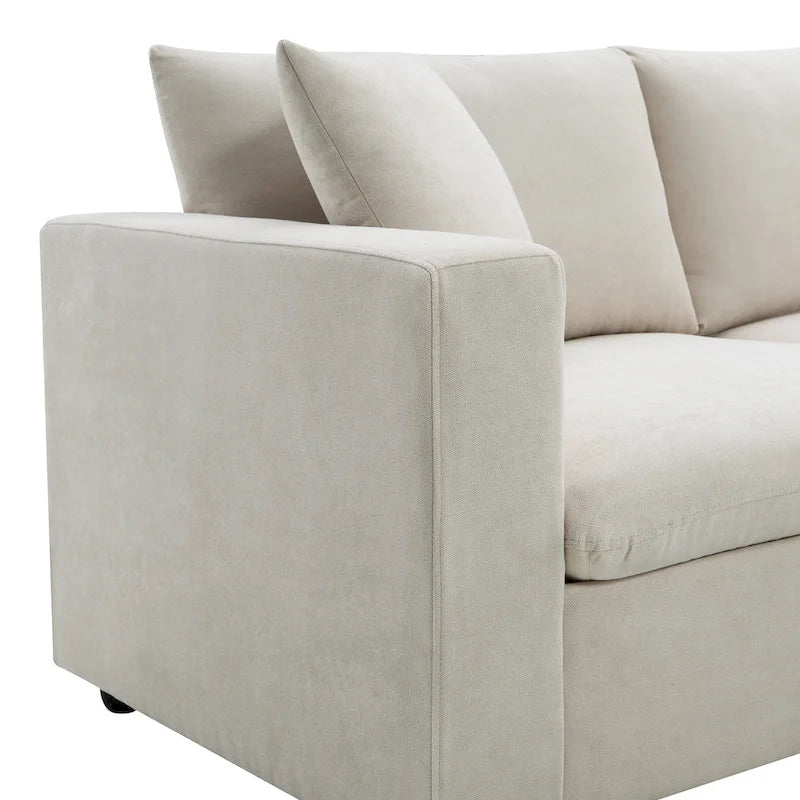 Canapé en tissu polyester en forme de L avec 2 coussins offerts et pouf convertible