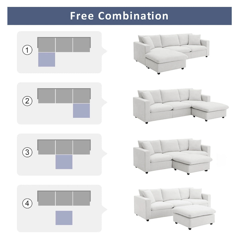 Canapé en tissu polyester en forme de L avec 2 coussins offerts et pouf convertible