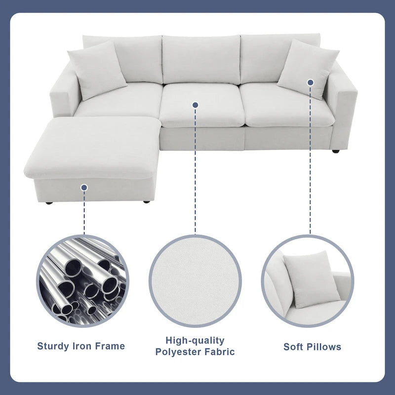 Canapé en tissu polyester en forme de L avec 2 coussins offerts et pouf convertible