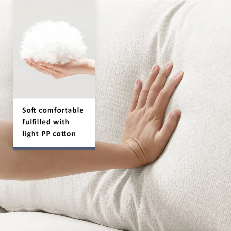 Canapé en tissu polyester en forme de L avec 2 coussins offerts et pouf convertible