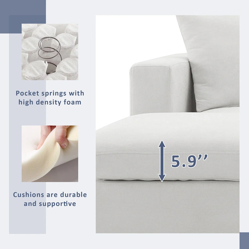 Canapé en tissu polyester en forme de L avec 2 coussins offerts et pouf convertible