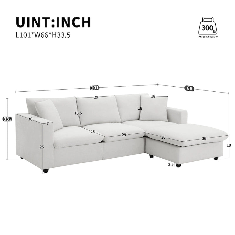 Canapé en tissu polyester en forme de L avec 2 coussins offerts et pouf convertible