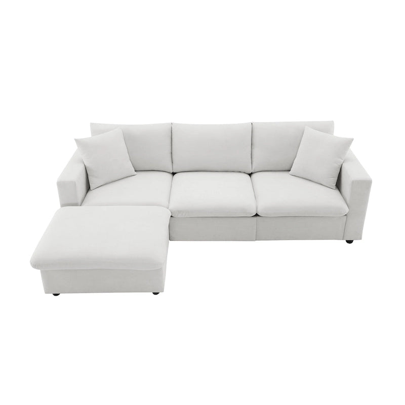 Canapé en tissu polyester en forme de L avec 2 coussins offerts et pouf convertible