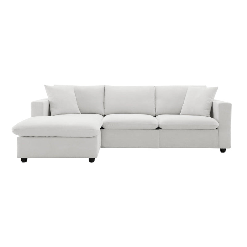 Canapé en tissu polyester en forme de L avec 2 coussins offerts et pouf convertible