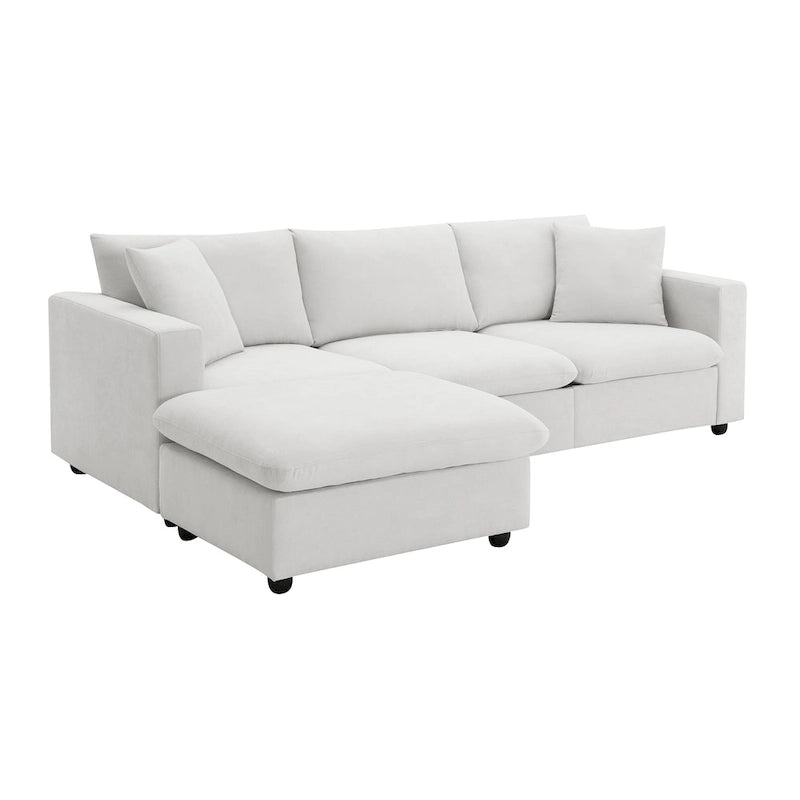 Canapé en tissu polyester en forme de L avec 2 coussins offerts et pouf convertible