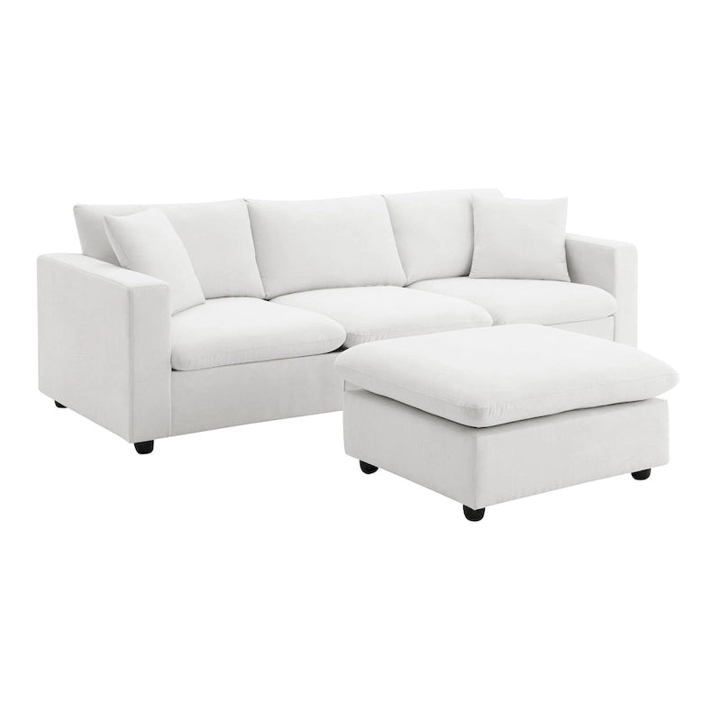 Canapé en tissu polyester en forme de L avec 2 coussins offerts et pouf convertible