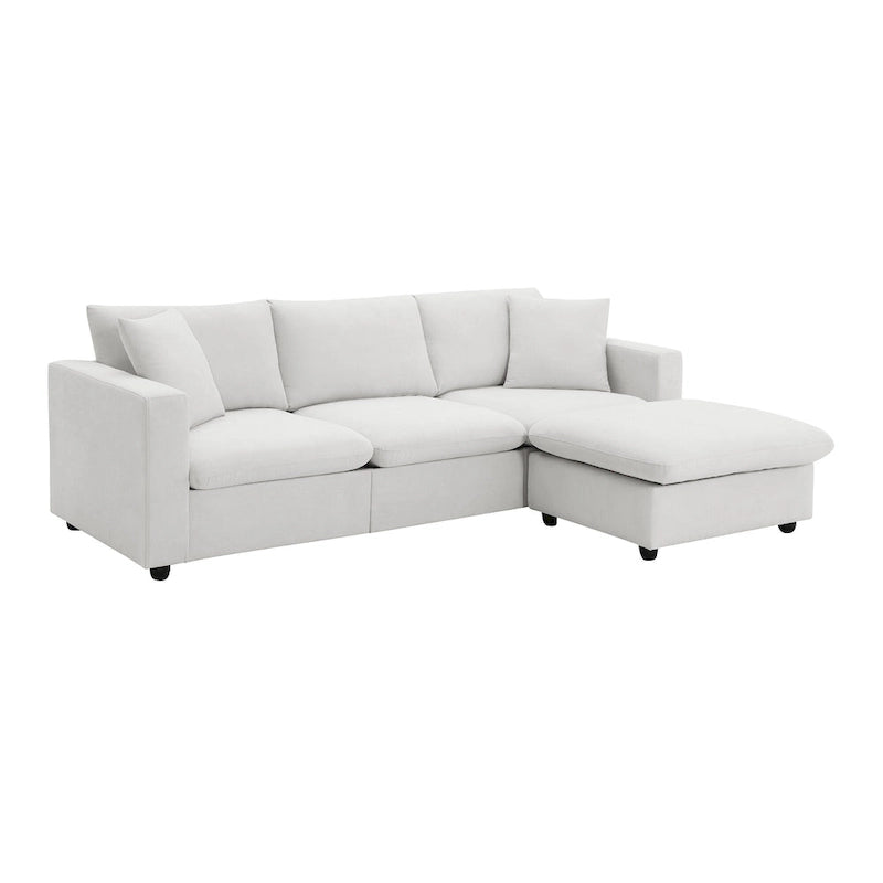 Canapé en tissu polyester en forme de L avec 2 coussins offerts et pouf convertible