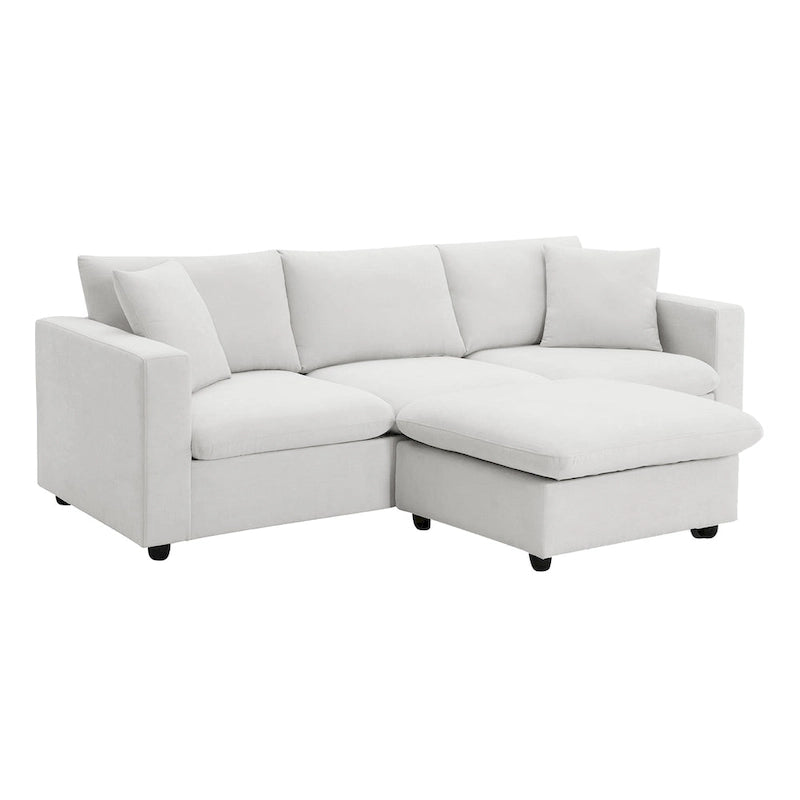 Canapé en tissu polyester en forme de L avec 2 coussins offerts et pouf convertible