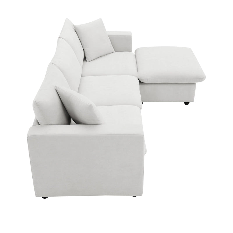 Canapé en tissu polyester en forme de L avec 2 coussins offerts et pouf convertible