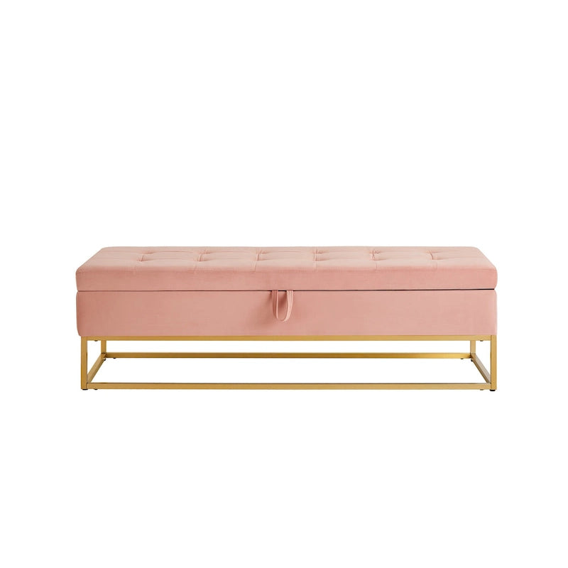 Banc de rangement en velours touffeté avec base en métal doré