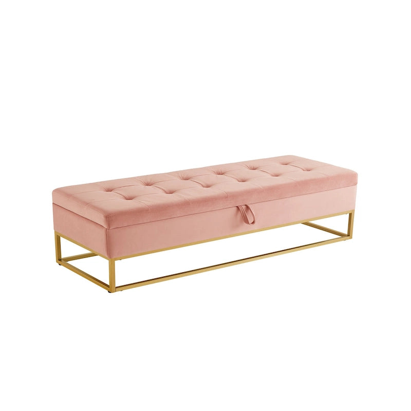 Banc de rangement en velours touffeté avec base en métal doré