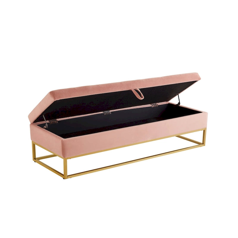 Banc de rangement en velours touffeté avec base en métal doré